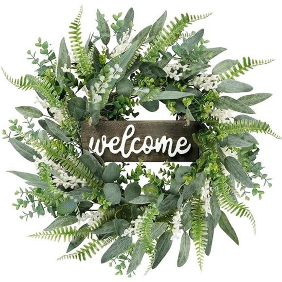 Green Artificial Eucalyptus Wreath with Welcome Sign 20in Mixed White Berries - Picture 5 of 7